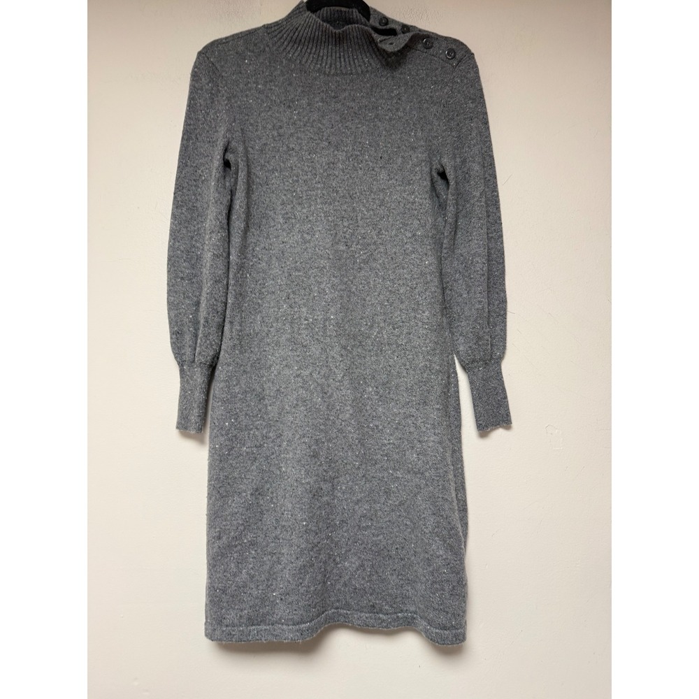 Talbots Sweater Dress Womens Petite P Gray Excellent Mock Neck Button Shoulder